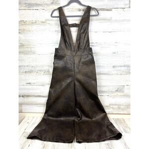 Storia Womens M Brown Vegan Leather Boho Retro Wide Leg Jumpsuit Overalls NEW